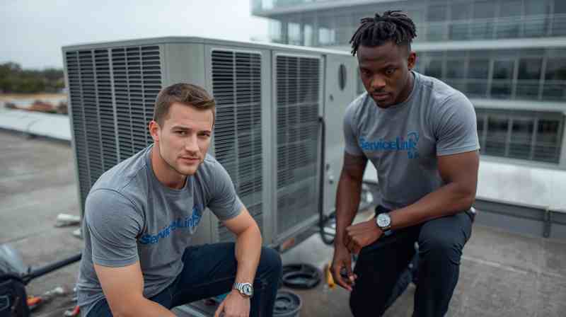 ServiceLink SA technicians installing large commercial ducted air conditioning system on office building roof
