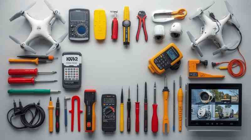Professional CCTV camera installation tools and testing equipment