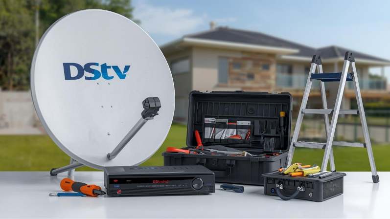 Complete DStv installation kit including cables, LNB, connectors and tools