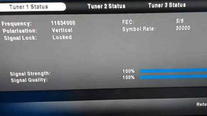 DStv signal strength and quality meter readings on decoder display