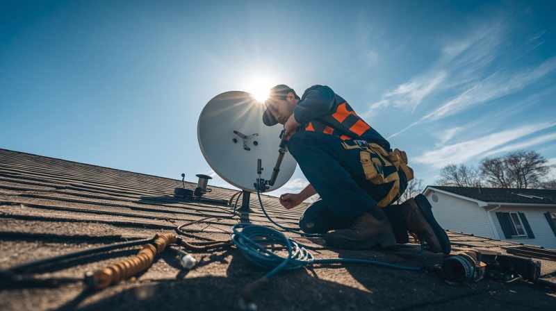 Technician performing precise satellite dish alignment